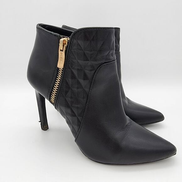BCBGeneration Stiletto Bootie Boot Size 5M Black Leather Gold Zipper Pointed Toe - Picture 1 of 12